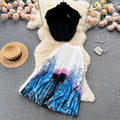 Summer Retro Unique Sleeveless Pleated Shirt + Long Skirt 2-Piece Set