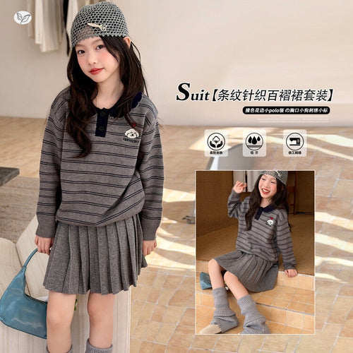 Girls' Preppy Striped Knit Top Pleated Skirt Set