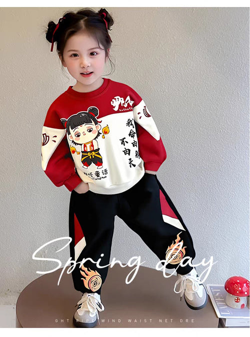 Kids' Nezha Cartoon Casual 2-Piece Set