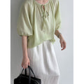 Summer Korean Ramie Tencel Half Sleeve Tie-Front Loose Shirt