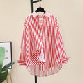 Spring Fashion Versatile Cotton Long Sleeve Striped Printed Loose Cardigan + Shirt