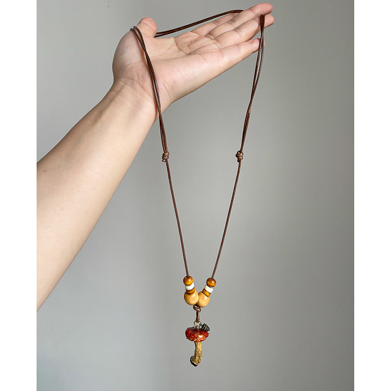 Vintage Bohemian Wooden Mushroom Bead Necklace - view 4