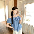 Summer Korean Elegant Off-Shoulder Boat Neck Ruffle Shirt
