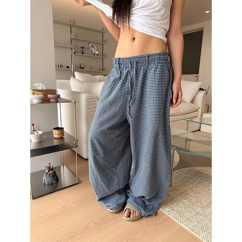 Summer Casual Fashion Plaid Loose Wide Leg Pants + Pants