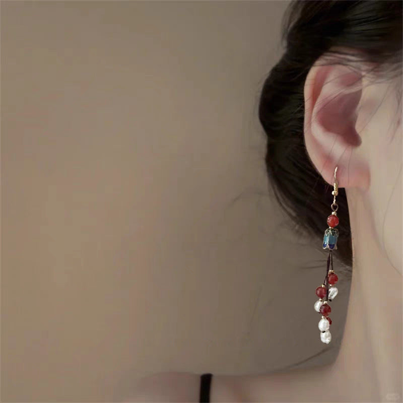 Chinese-Style Glass Bead Tassel Earrings - view 3