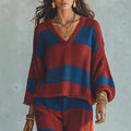 Vacation Retro Knit High Waist Striped Textured Color-Block Top 2-Piece Set