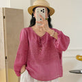 Women's Summer Ethnic Relaxed Ramie Embroidered 3/4 Sleeve V-Neck Loose Set 2026 - Pink Top