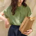 French Linen Jacquard Short Sleeve Lapel Collar Asymmetric Shirt