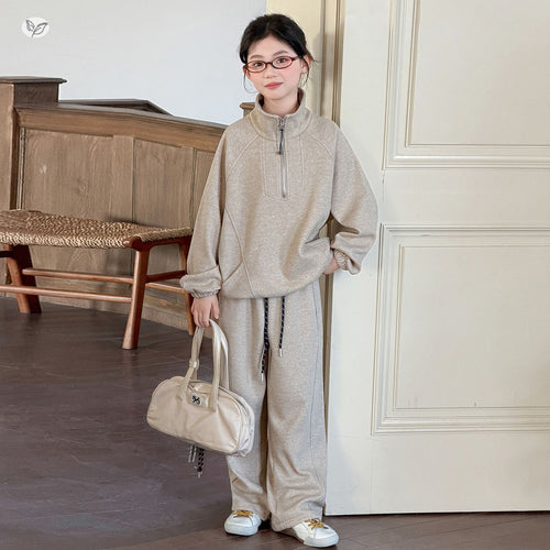 Girls' Half-Zip Stand-Collar Hoodie & Sweatpants Set