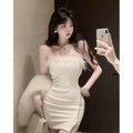 法式高级感生日party礼服小妈抹胸连衣裙女收腰甜辣羽毛包臀短裙