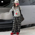 Girls' Faux Layered Printed Long Sleeve Top Plaid Pants Two-Piece Set