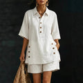 Short Sleeve Shirt plus Pants Two-Piece Set - Casual Loose Fit Summer Outfit Women