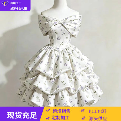欧美跨境一字肩印花缎面蛋糕裙2026新款短款蓬蓬生日法式艺考礼服