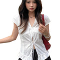 Summer Korean Slimming Lace Short Sleeve Tie-Front Lace Trim Textured Shirt