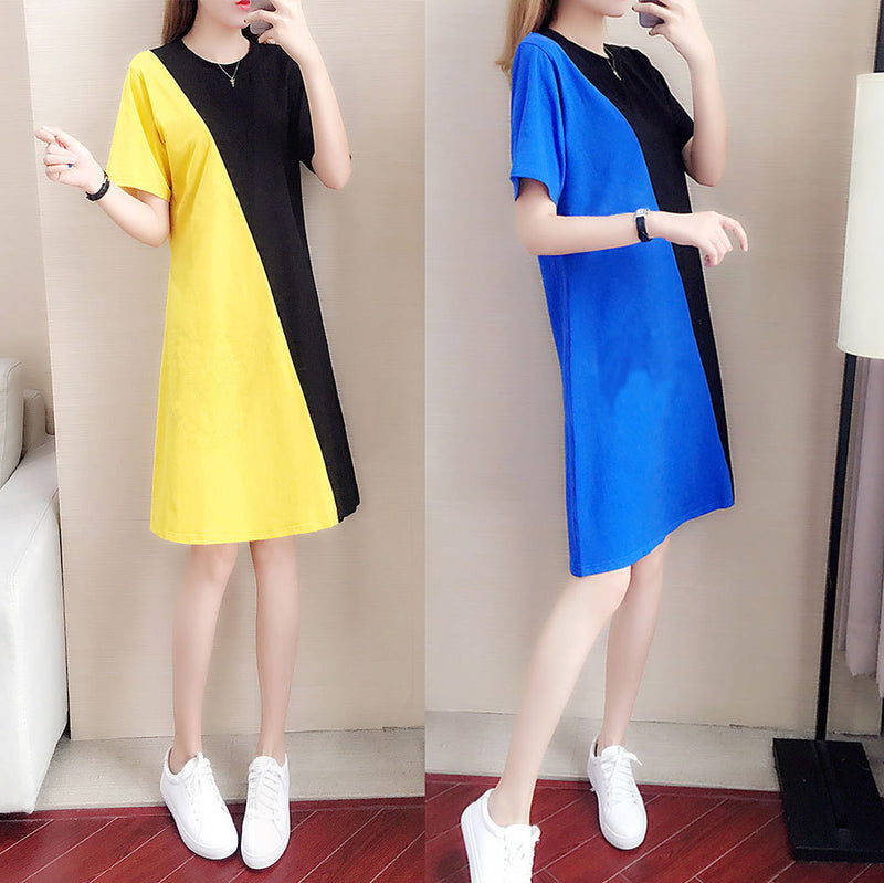 Color-Block Short Sleeve Fitted Mid-Length Dress, Commute Style
