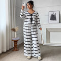 Women's Casual Plus Size Long Sleeve Tie-Front Striped Loose Wide Leg Pants + Top 2-P - Black