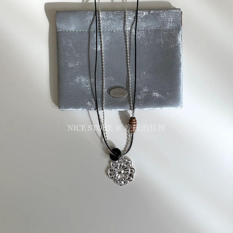 Korean Layered Leather Wood Flower Necklace - view 6