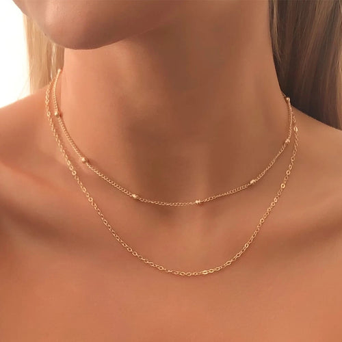 Western Metal Choker Round Bead Snake Chain Double-Layer Necklace Women Simple Personality Fashionable Geometric Clavicle Chain N6049