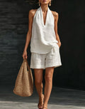 Summer Old Money Relaxed Linen Short Sleeve V-Neck Loose Wide Leg Pants + Top 2-Piece Set