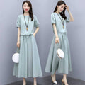 Women's Summer Slimming Linen Cotton Short Sleeve Dress + Skirt + Long Skirt 2-Piece - Light Blue
