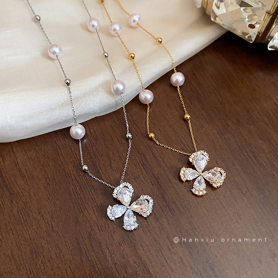 18K Gold-Plated Zircon Flower and Pearl Necklace - view 2