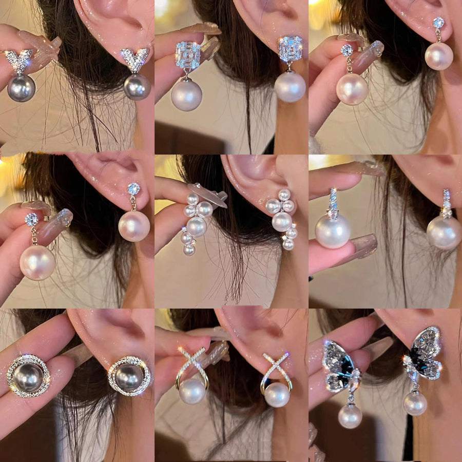 French Rhinestone Flower Round Pearl Earrings - view 2