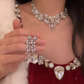 French Imperial Breeze Rhinestone Geometric Teardrop Stud Earring Necklace Set Fashionable Clavicle Chain Light Luxury Premium Necklace Women