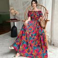 Rayon Floral Off-Shoulder Elastic Waist Bohemian Beach Dress