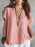 Spring-Summer Casual Linen Short Sleeve V-Neck Loose Shirt