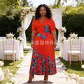 French V-Neck Pleated Printed Crystal Long Skirt + Top 2-Piece Set