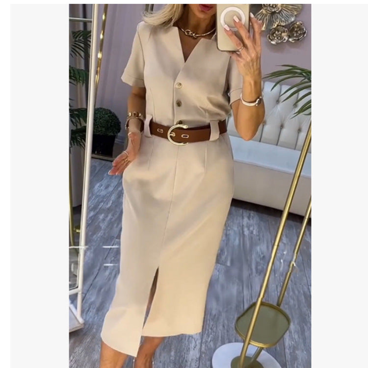 Minimalist V-Neck T-Shirt Dress - Straight Cut Midi Dress Casual Summer Style