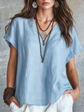 Spring-Summer Casual Linen Short Sleeve V-Neck Loose Shirt