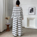 Women's Casual Plus Size Long Sleeve Tie-Front Striped Loose Wide Leg Pants + Top 2-P - Black