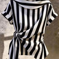 French Elegant Lapel Collar Waist-Tie Striped Asymmetric Shirt