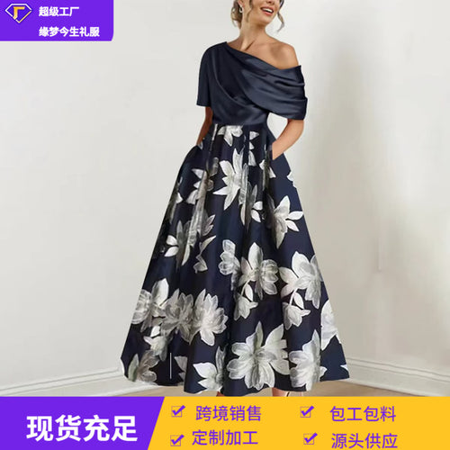2026新款小礼服欧美速卖通单肩复古赫本风时尚印花修身大摆连衣裙