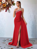 Women's One-Shoulder Beaded Evening Gown - Slim Banquet Style