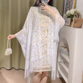 Women's Summer Ethnic Retro Chiffon Printed Lightweight Sun-Protection Top + Shawl + - Black