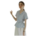 Summer Office French Short Sleeve Sailor Collar Striped Shirt
