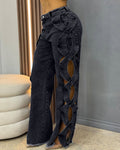 D8727 Side Hollow Denim Panel Straight Leg Pants