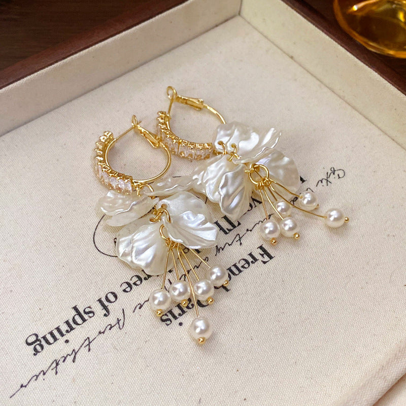 Pearl Flower Rhinestone Tassel Drop Earrings - view 6