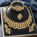 Vintage Breeze Fashionable OL Dubai Bride Statement Slub Spliced Rhinestone Necklace Bracelet Set Earrings Ring Jewelry Set
