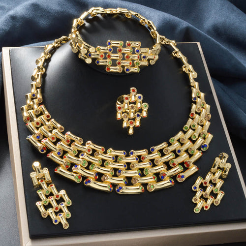 Vintage Breeze Fashionable OL Dubai Bride Statement Slub Spliced Rhinestone Necklace Bracelet Set Earrings Ring Jewelry Set