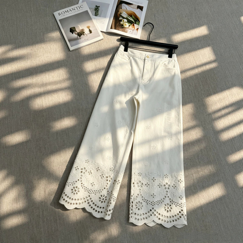 Slimming Lace Embroidered High Waist Lace Trim Hollow-Out Drapey Pants
