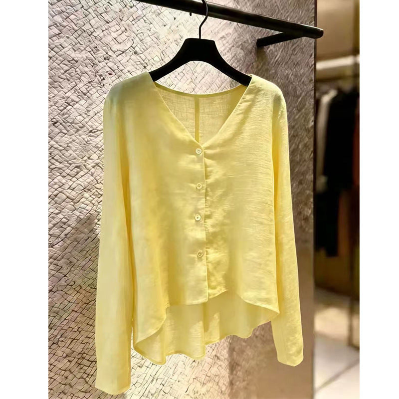 Women's Summer Long Sleeve V-Neck Sun-Protection Loose Cardigan + Shirt 2026 - Yellow