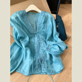 Women's New Chinese Luxury Ramie V-Neck Sun-Protection Lightweight Shirt 2026 - Blue