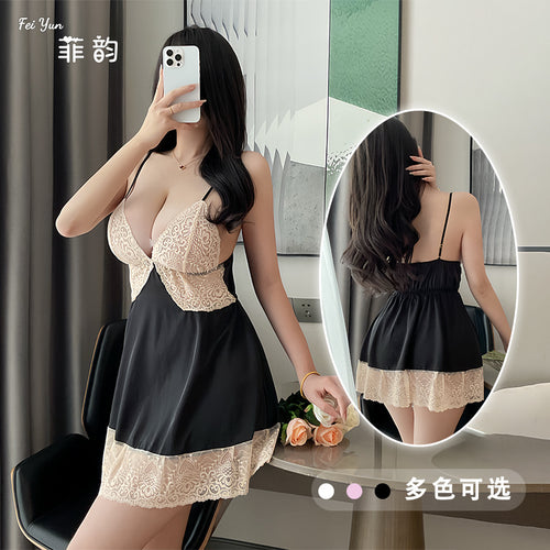 菲韵深V吊带诱惑缎面亲肤家居服多色可选女士性感蕾丝拼接睡裙422