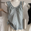 Summer Korean Slimming Mesh Sleeveless V-Neck Patchwork Plaid Shirt