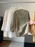 Summer Elegant Slimming 3/4 Sleeve V-Neck Beaded Heavy Shirt