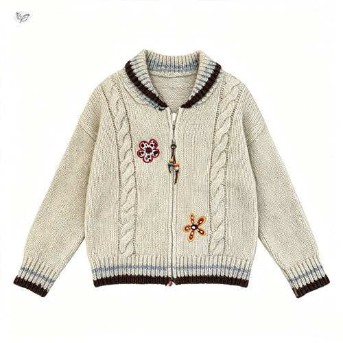 Girls' Embroidered Zip Knit Jacket - Korean Cable Style