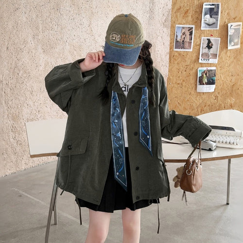 Girls' Olive Stand-Collar Windbreaker Jacket